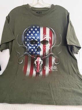 Bone Collector American Flag Skull Men's Olive Green Graphic Tee